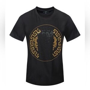 Men's Italian fashion Short Sleeves black T-shirt rhinestone Greek Key Pattern
